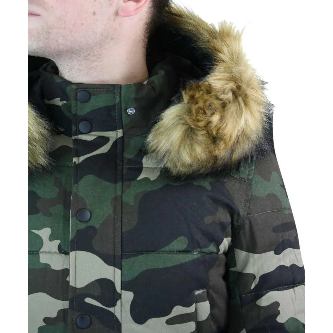 Mens Camo Camouflage Quilted Padded Puffer Jacket Hood Fur Removable