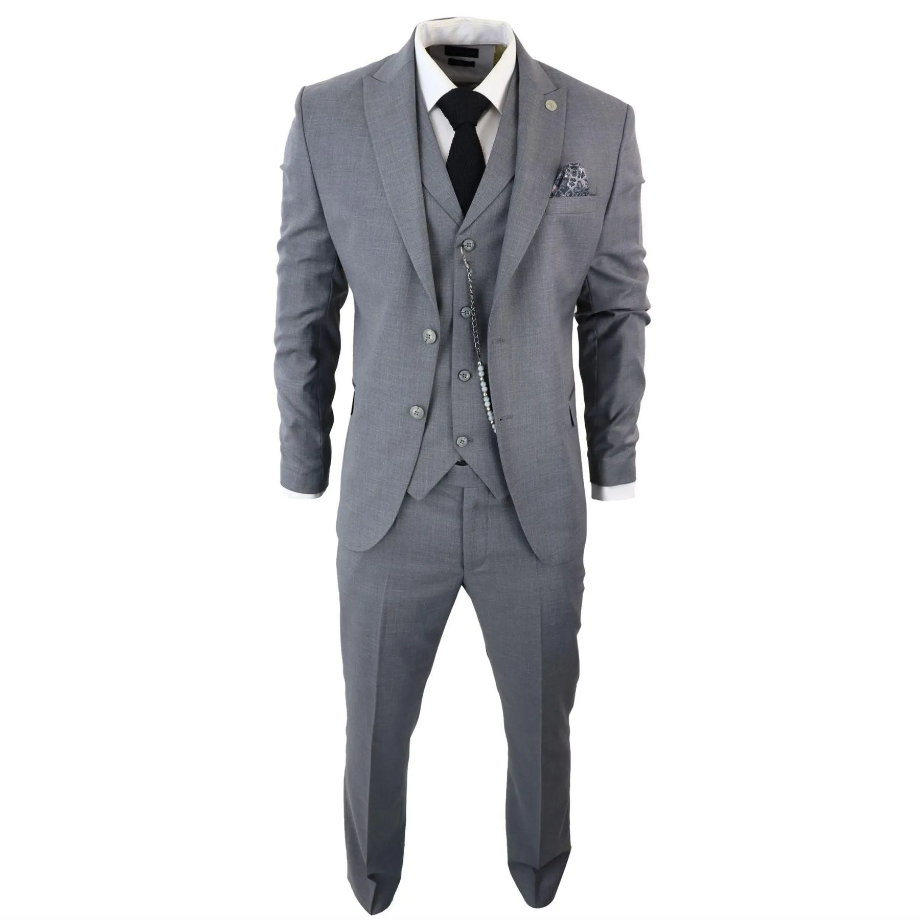 Mens Classic 3 Piece Suit Grey Pocket Chain Wedding Tailored Fit Vintage Formal