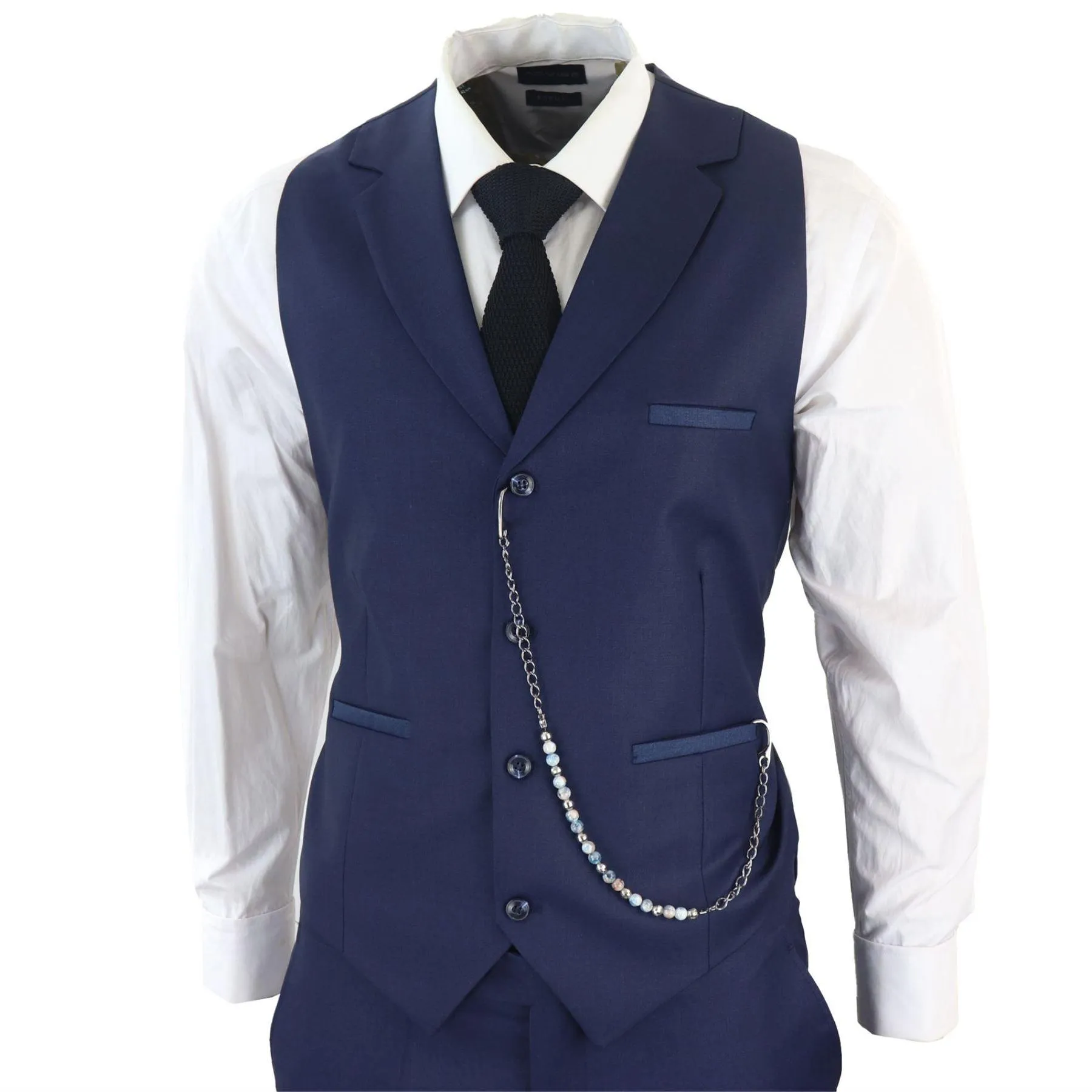 Mens Classic 3 Piece Suit Navy Blue Pocket Chain Wedding Tailored Fit Vintage Formal