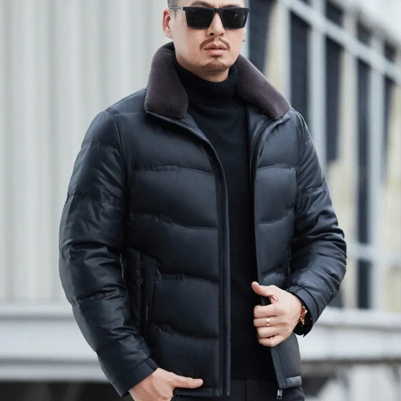 Men's Genuine Sheepskin Leather Winter Coat with Lamb Collar – Thickened Down Outerwear