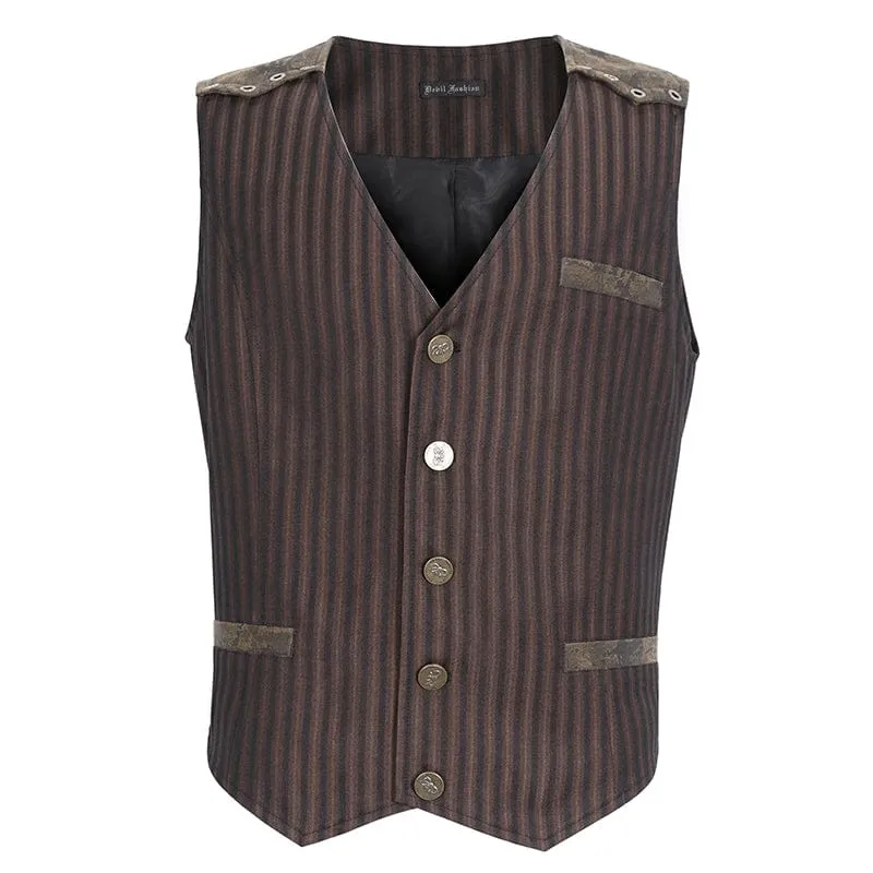 Men's Gothic Striped Faux Leather Splice Coffee Vest