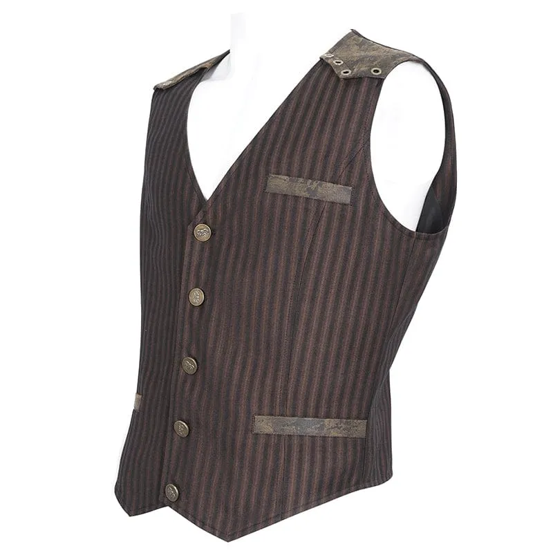 Men's Gothic Striped Faux Leather Splice Coffee Vest