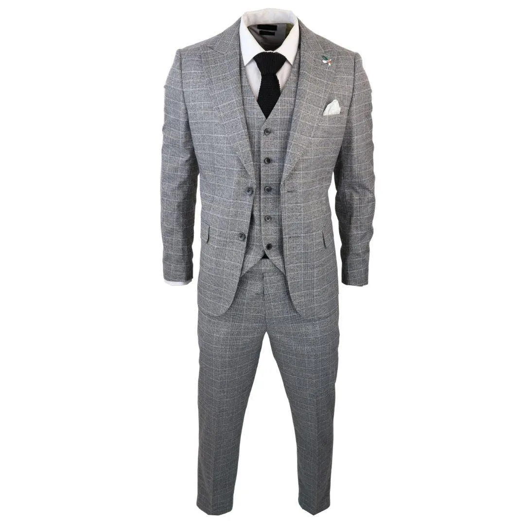 Men's Grey 3 Piece Suit Prince Of Wales Check Formal Business Dress Suits