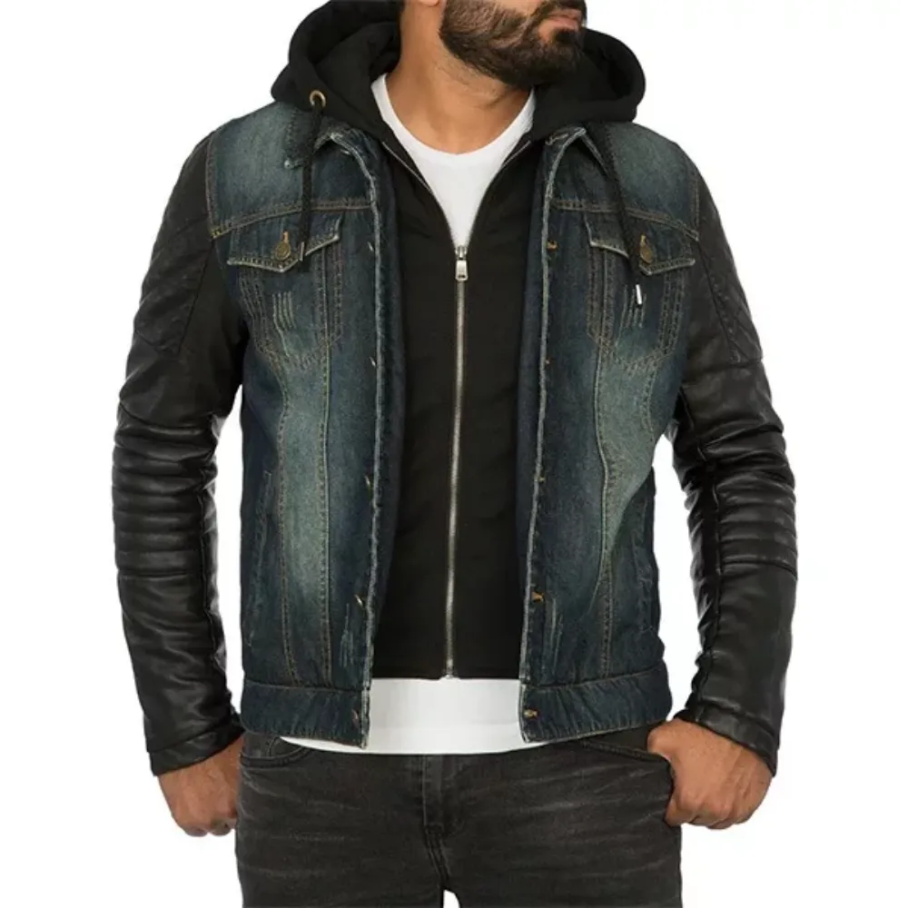 Mens Hooded Leather Denim Jacket