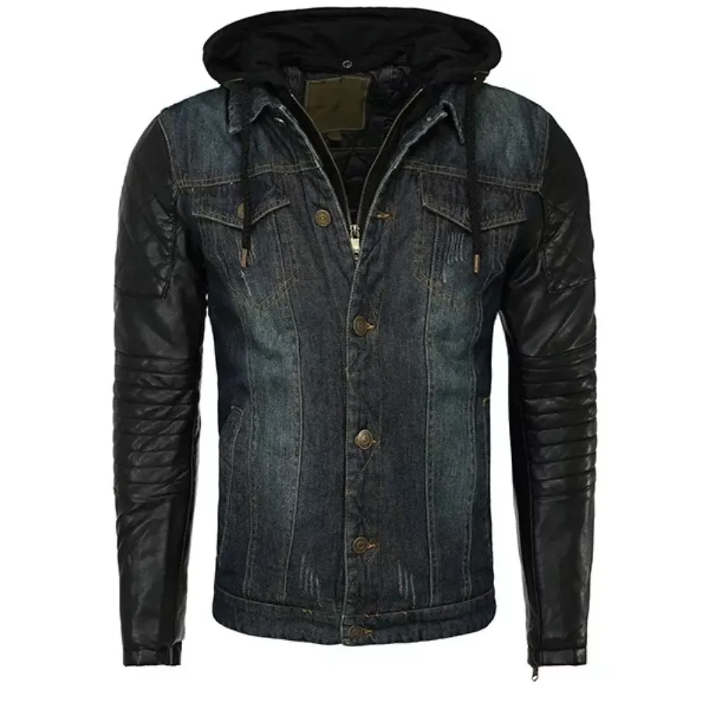 Mens Hooded Leather Denim Jacket