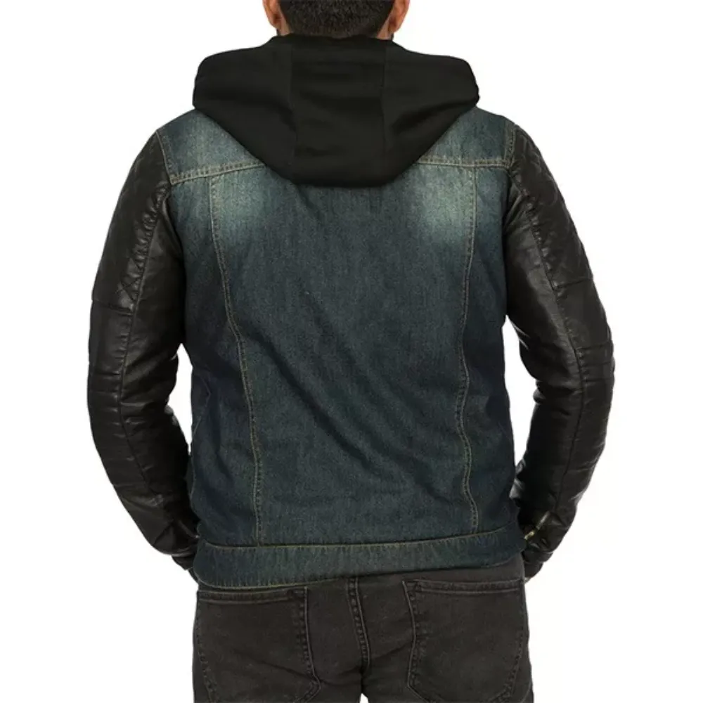 Mens Hooded Leather Denim Jacket