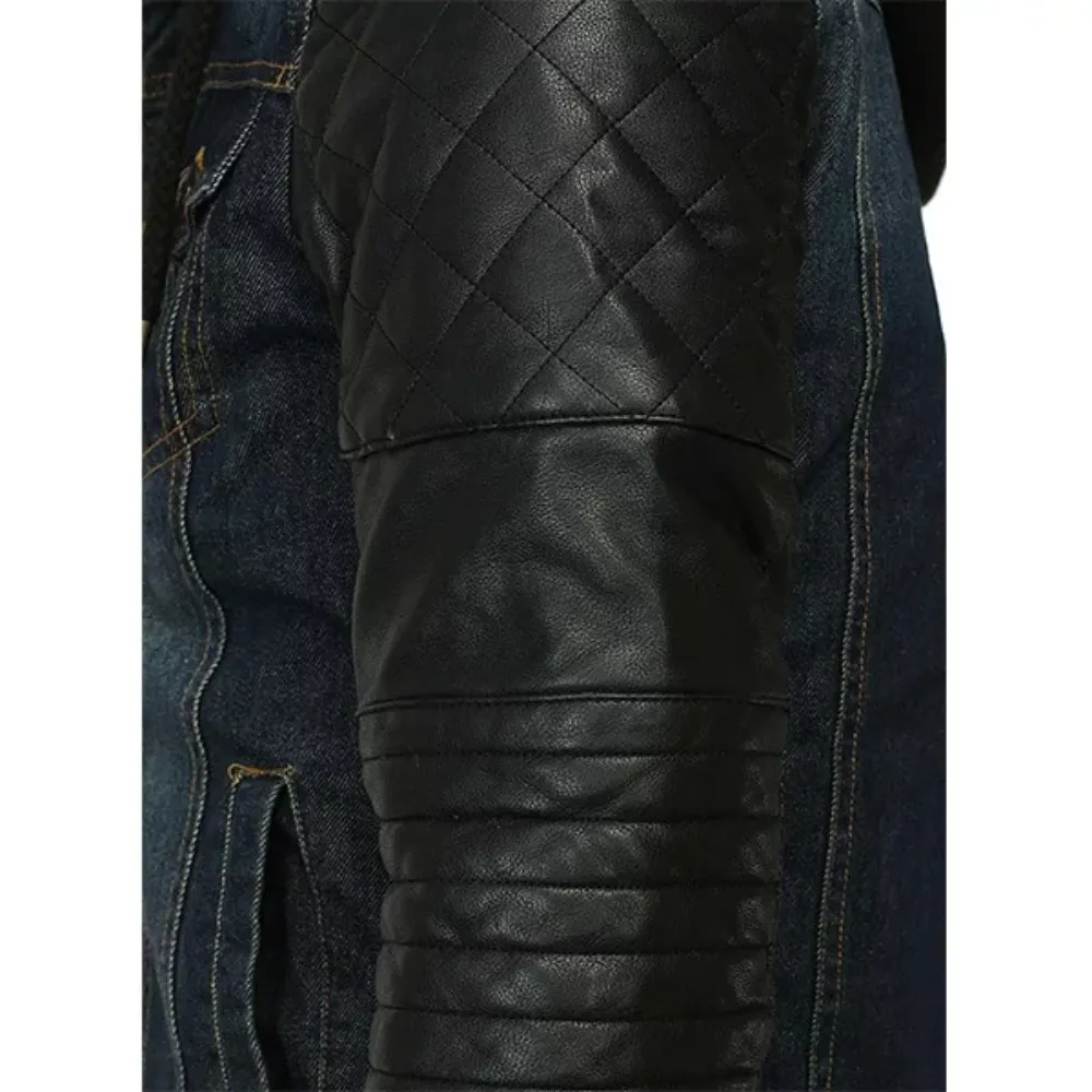 Mens Hooded Leather Denim Jacket