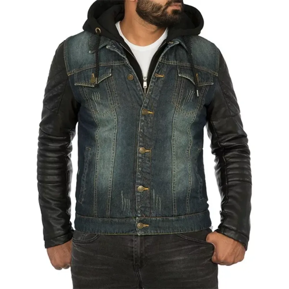 Mens Hooded Leather Denim Jacket