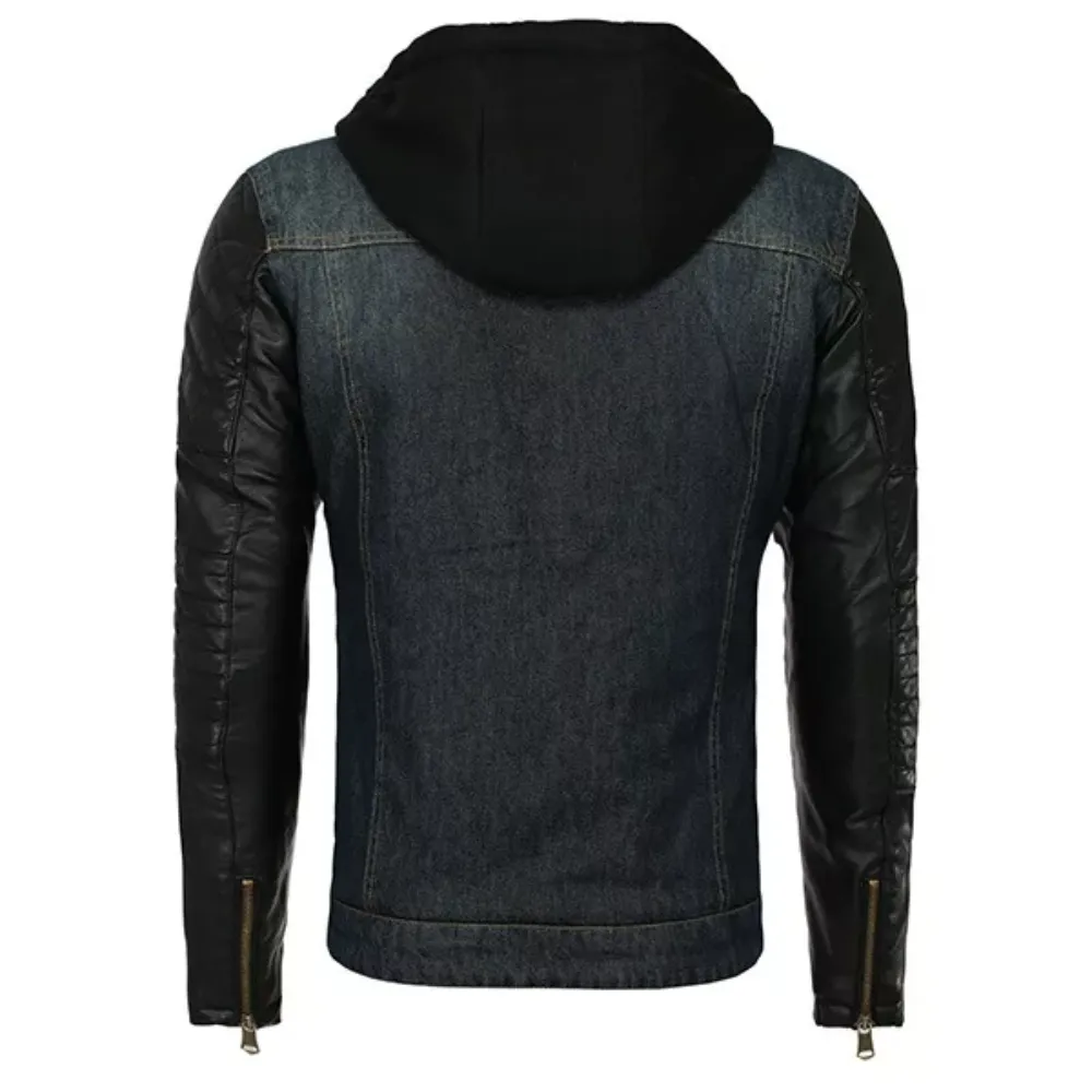 Mens Hooded Leather Denim Jacket