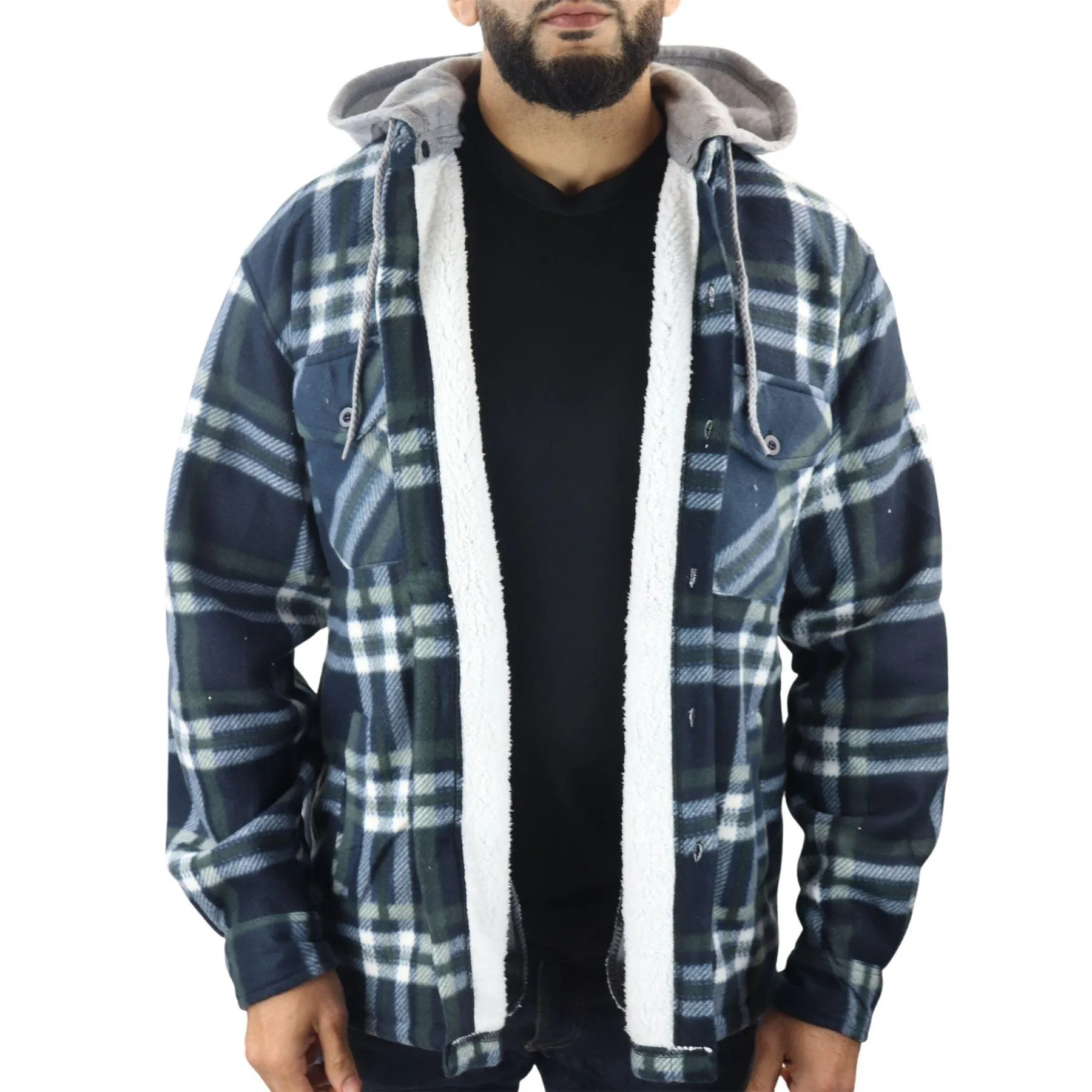 Men's Jumper Thermal Fleece Fur Lined Lumberjack Removable Hooded Buttoned Check Winter Shirt