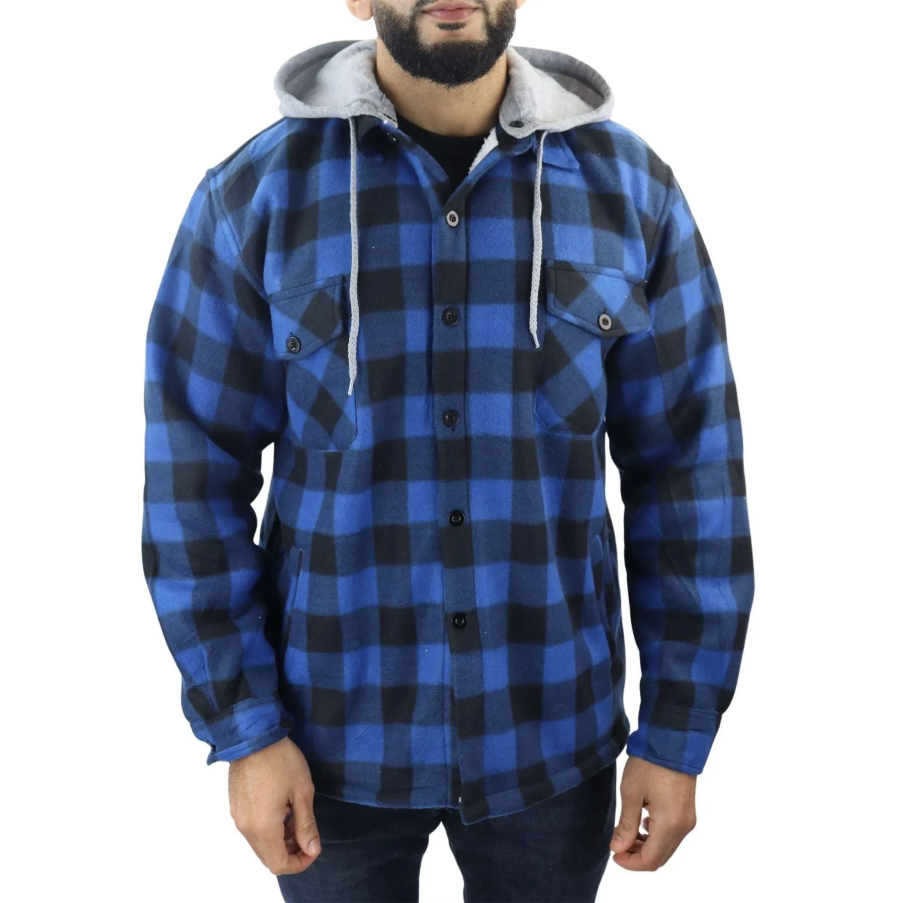 Men's Jumper Thermal Fleece Fur Lined Lumberjack Removable Hooded Buttoned Check Winter Shirt