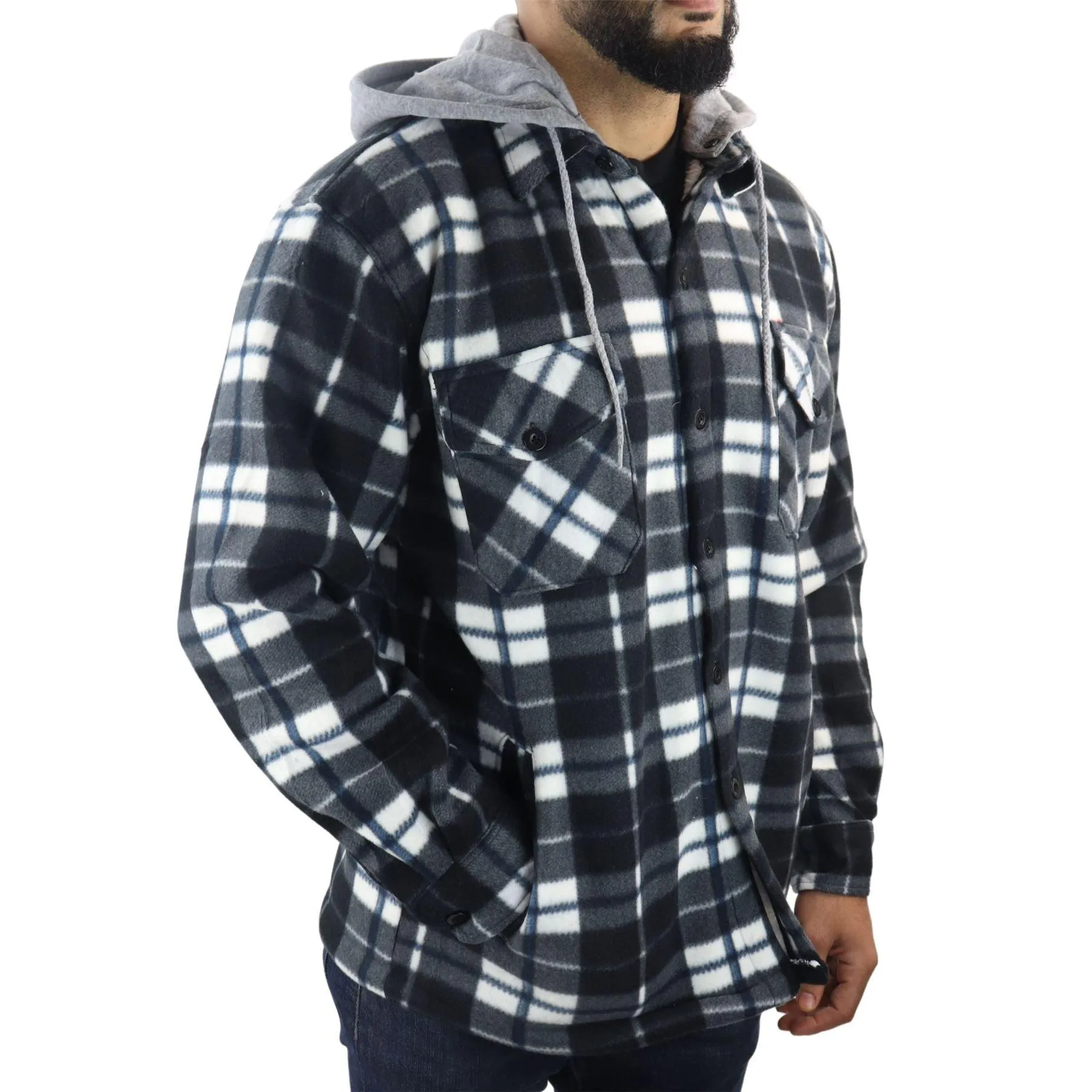 Men's Jumper Thermal Fleece Fur Lined Lumberjack Removable Hooded Buttoned Check Winter Shirt