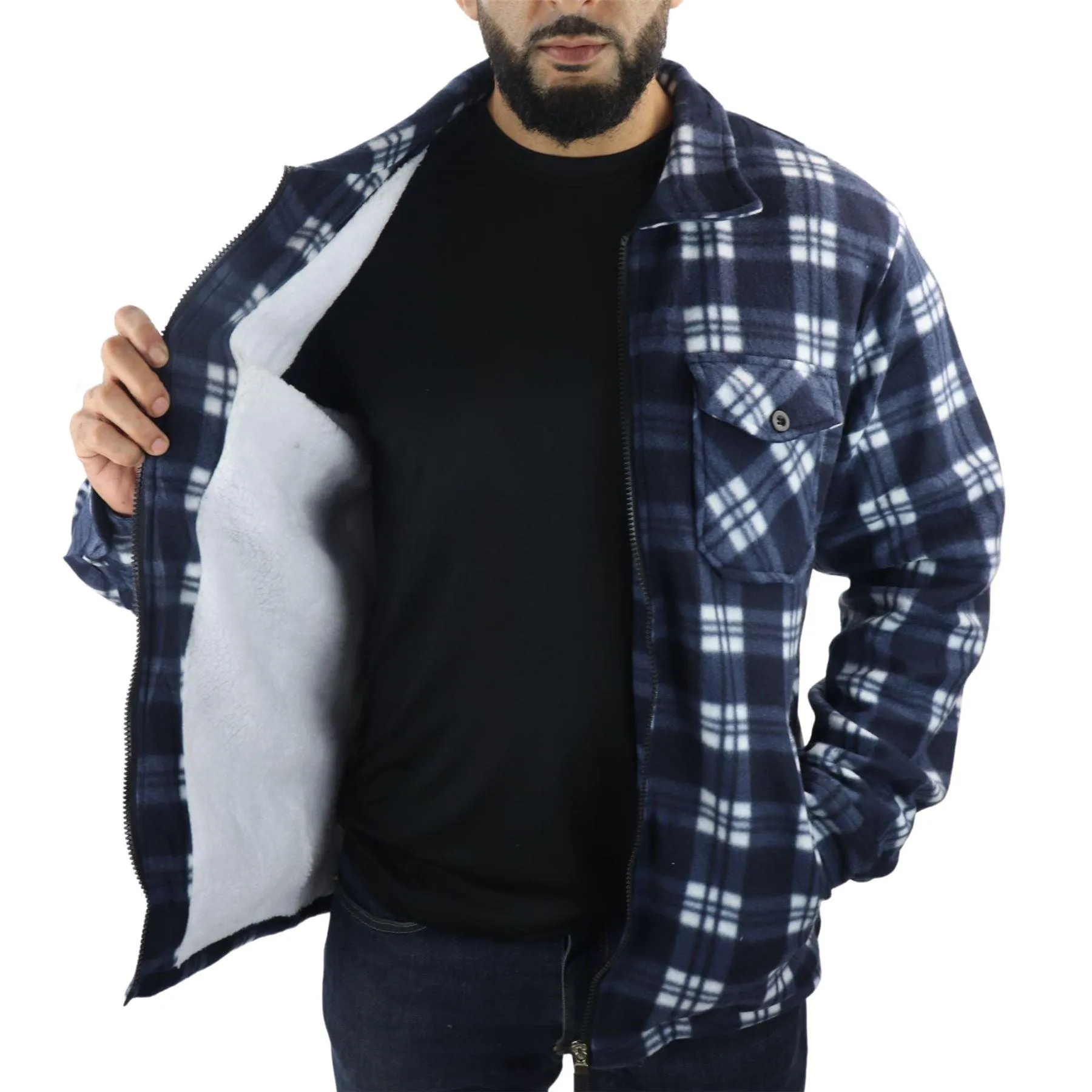 Men's Jumper Thermal Fleece Fur Lined Lumberjack Zipped Check Winter Shirt