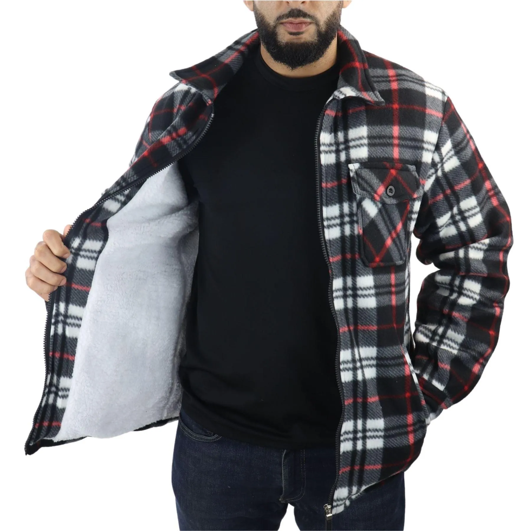 Men's Jumper Thermal Fleece Fur Lined Lumberjack Zipped Check Winter Shirt