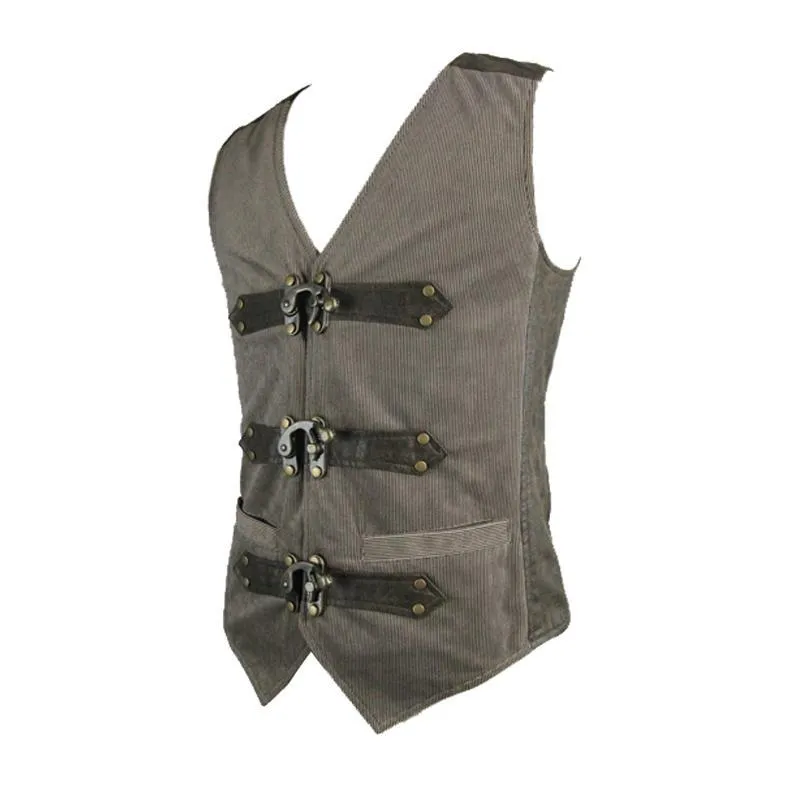 Men's Leather Trimmed Military Style Punk Vest