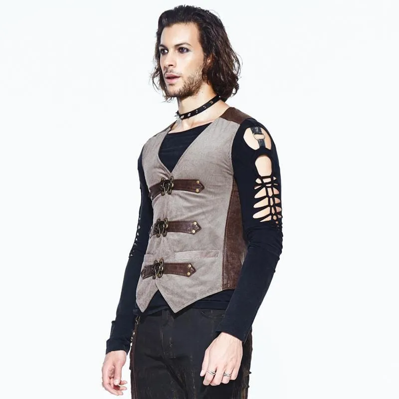 Men's Leather Trimmed Military Style Punk Vest