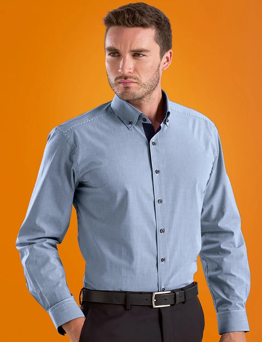 Mens Micro Check Navy Stretch Slim Fit Shirt