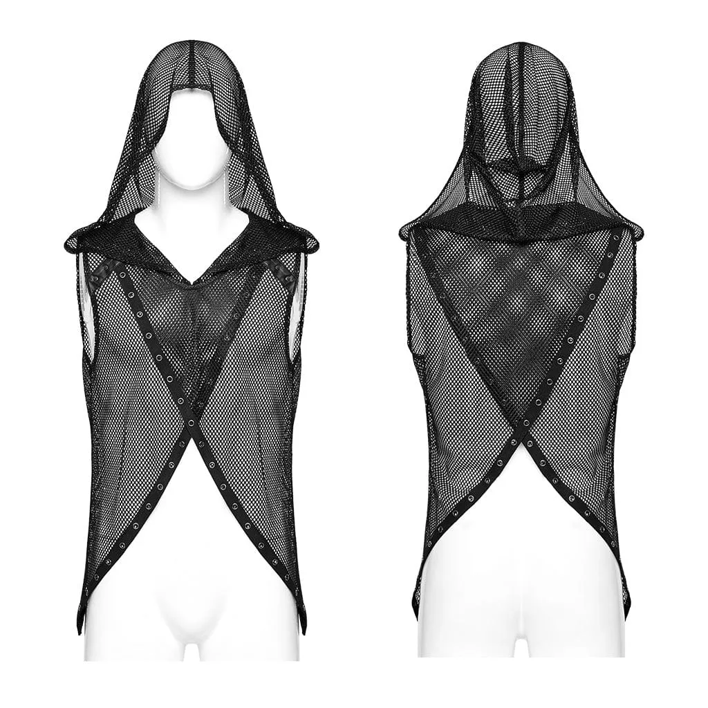 Men's Punk Irregular Eyelet Mesh Vest with Hood