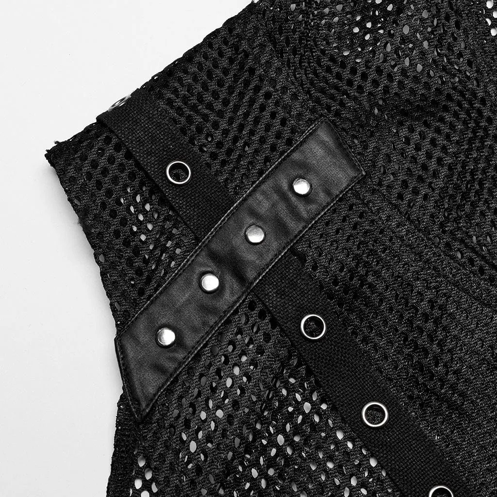 Men's Punk Irregular Eyelet Mesh Vest with Hood