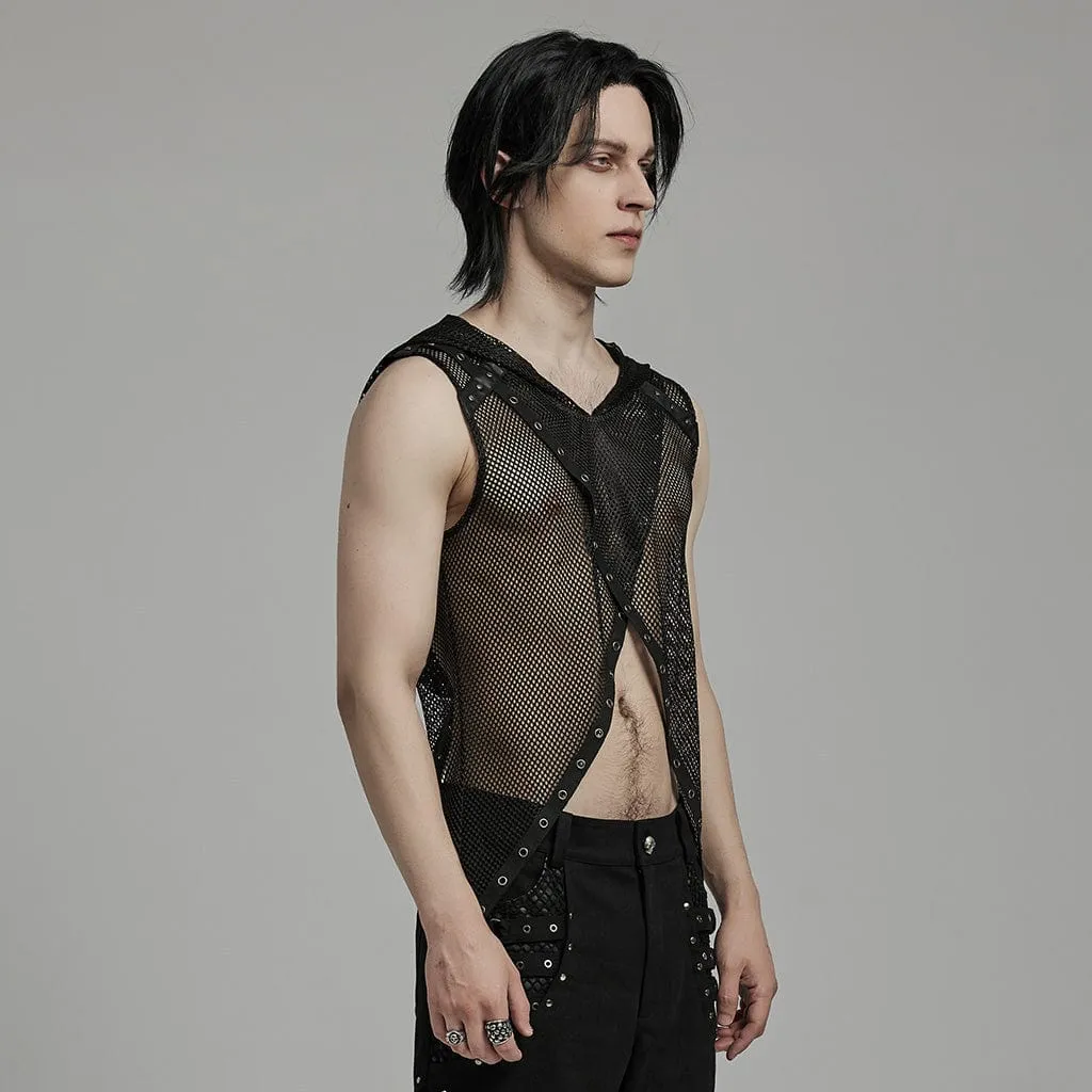 Men's Punk Irregular Eyelet Mesh Vest with Hood