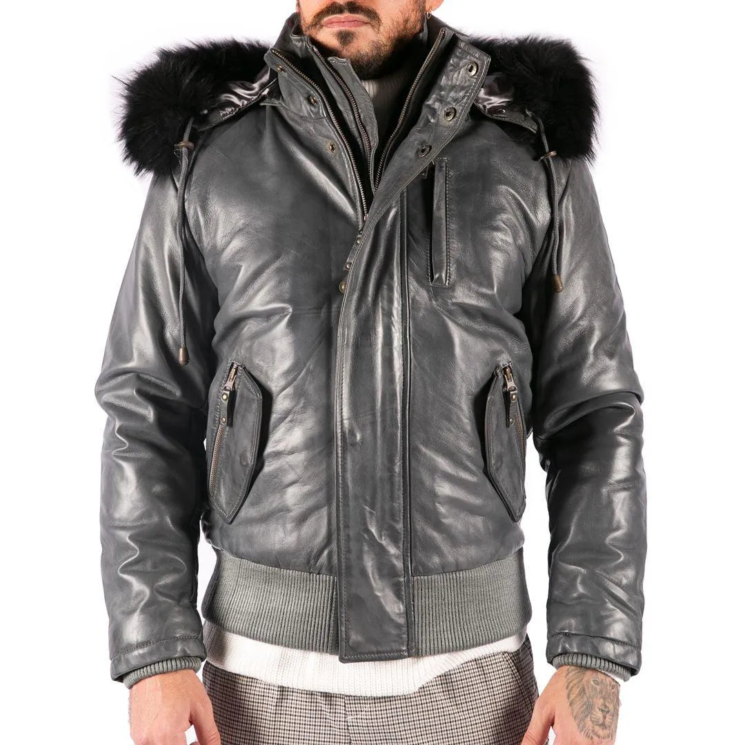 Mens Real Fur Hood Bomber Leather Jacket Black Puffer Padded