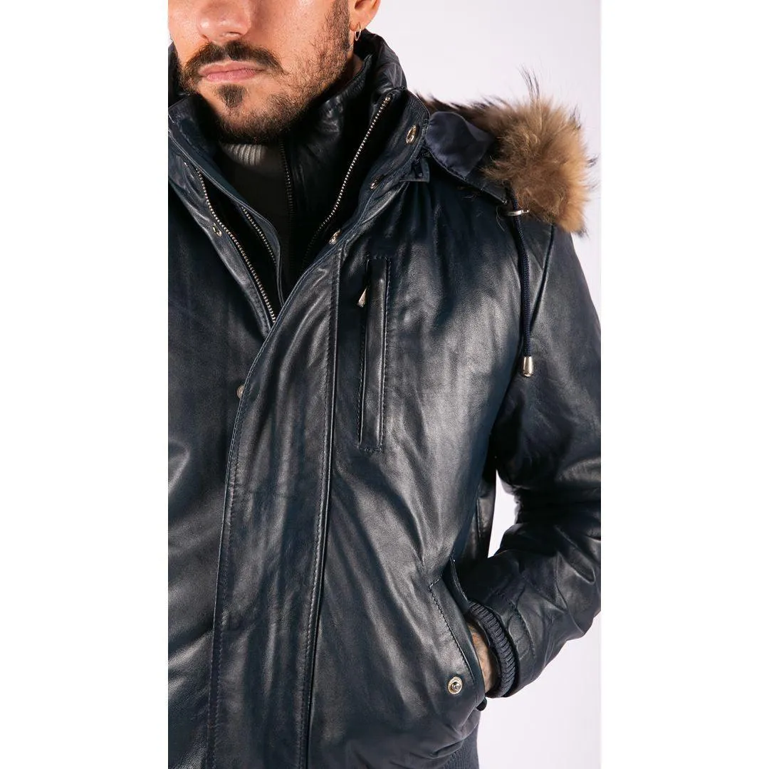 Mens Real Fur Hood Bomber Leather Jacket Black Puffer Padded