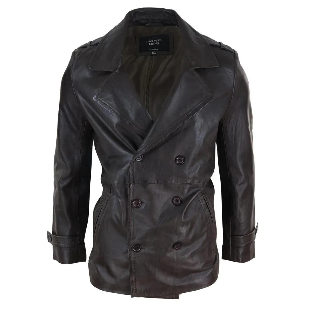 Mens Real Leather 3/4 Double Breasted Pea Coat Sherlock Brown Sailor Classic