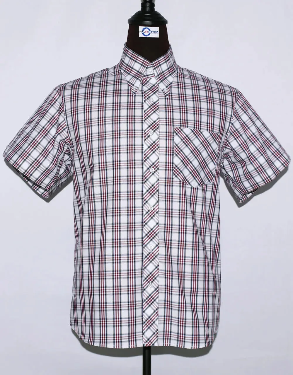 Men's Short Sleeve Classic White And Burgundy Plaid Shirt Size M