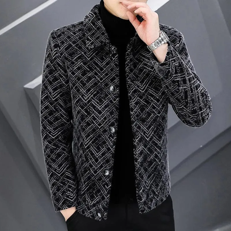 Men's short tweed jacket gold mink velvet tweed coat men's  thickened lapel jacket men