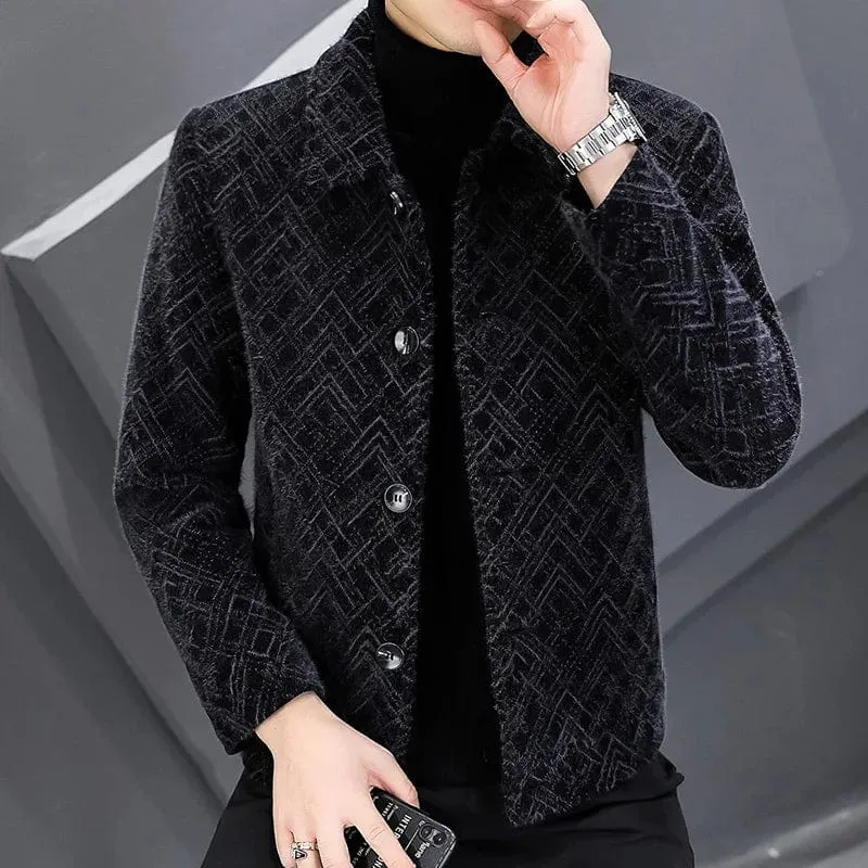 Men's short tweed jacket gold mink velvet tweed coat men's  thickened lapel jacket men