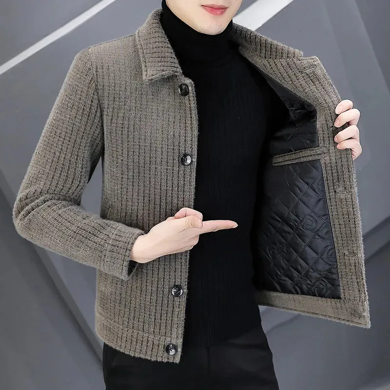 Men's short tweed jacket gold mink velvet tweed coat men's  thickened lapel jacket men