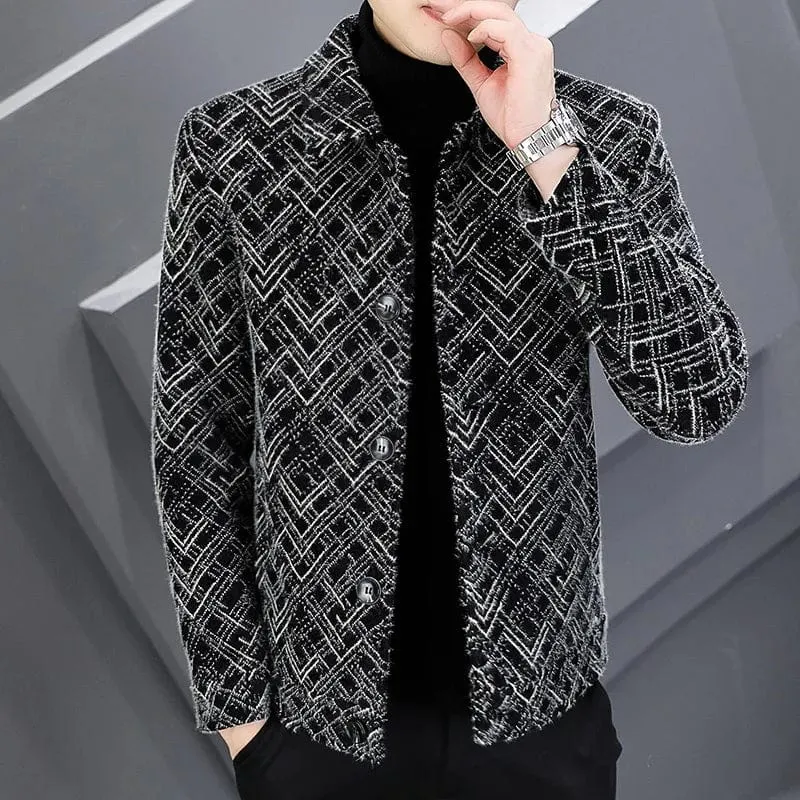 Men's short tweed jacket gold mink velvet tweed coat men's  thickened lapel jacket men