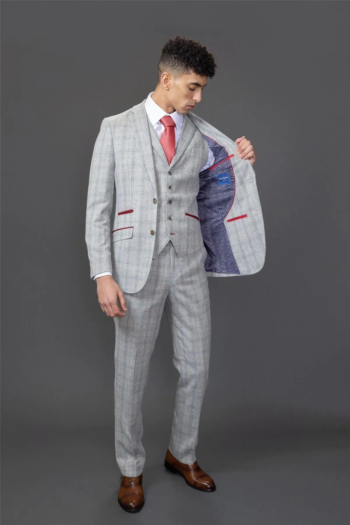 Men's Suit 3 Piece Grey Checked Slim Fit Formal Dress