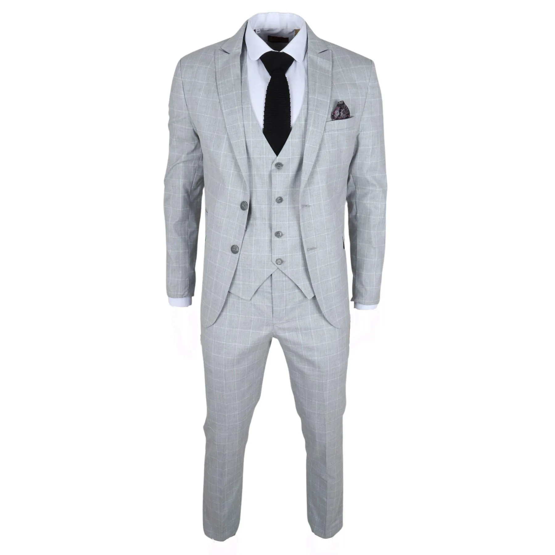 Men's Suit Grey Checked Tailored Fit 3 Piece Formal Dress