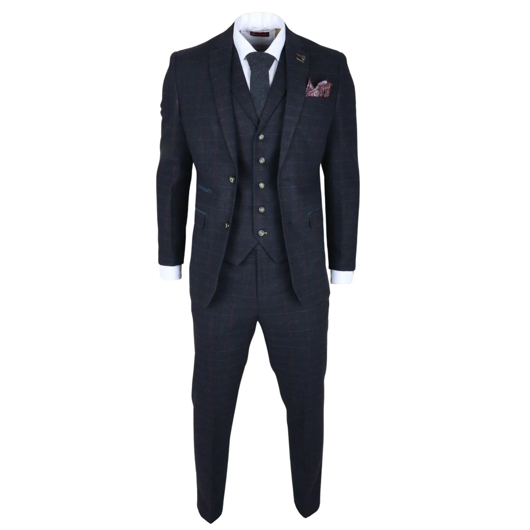 Men's Suit Wool Blend 3 Piece Navy Blue Herringbone Check Tweed Slim Fit Formal Dress