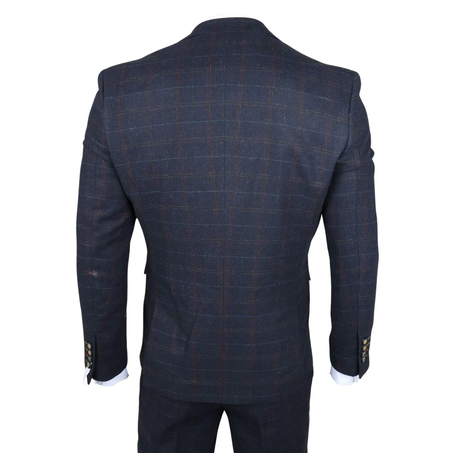 Men's Suit Wool Blend 3 Piece Navy Blue Herringbone Check Tweed Slim Fit Formal Dress