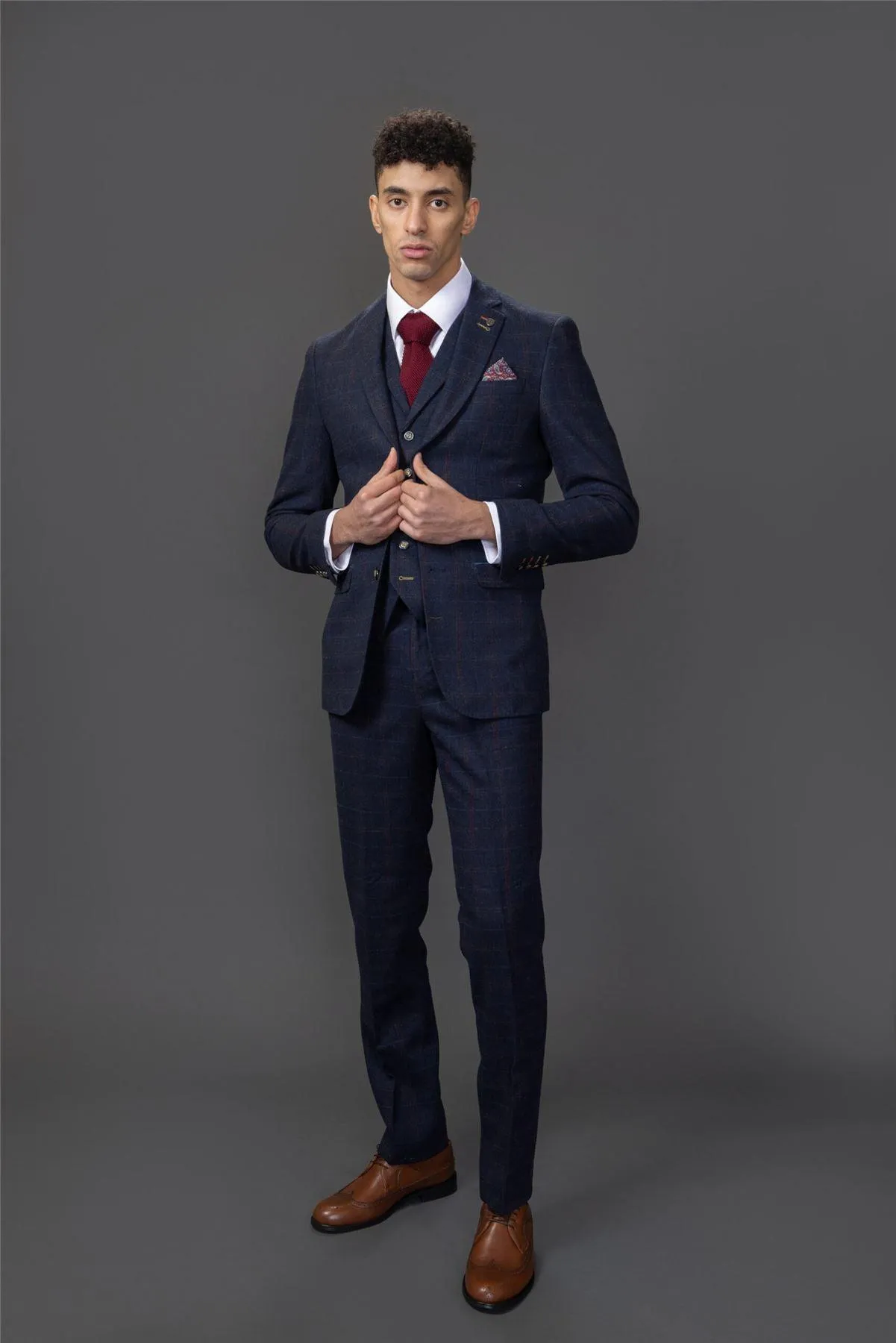 Men's Suit Wool Blend 3 Piece Navy Blue Herringbone Check Tweed Slim Fit Formal Dress