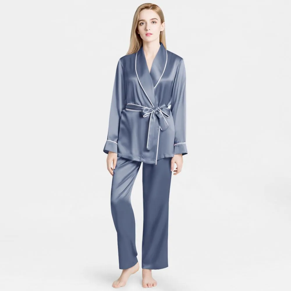 Mulberry Silk Pajamas for Women's Long Sleeves  with Adjustable Belt 100% Silk PJS