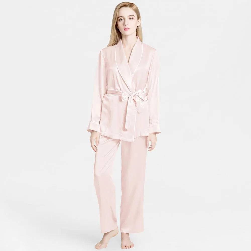 Mulberry Silk Pajamas for Women's Long Sleeves  with Adjustable Belt 100% Silk PJS