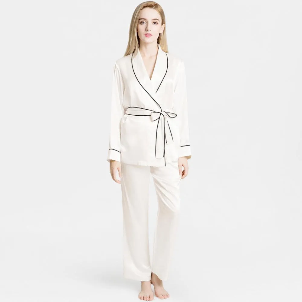 Mulberry Silk Pajamas for Women's Long Sleeves  with Adjustable Belt 100% Silk PJS