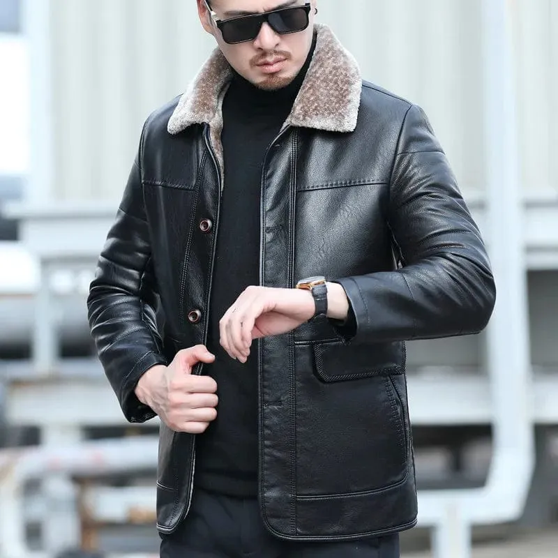 Natural Leather Men's Sheepskin Casual Lapel Mid Length Down Jacket