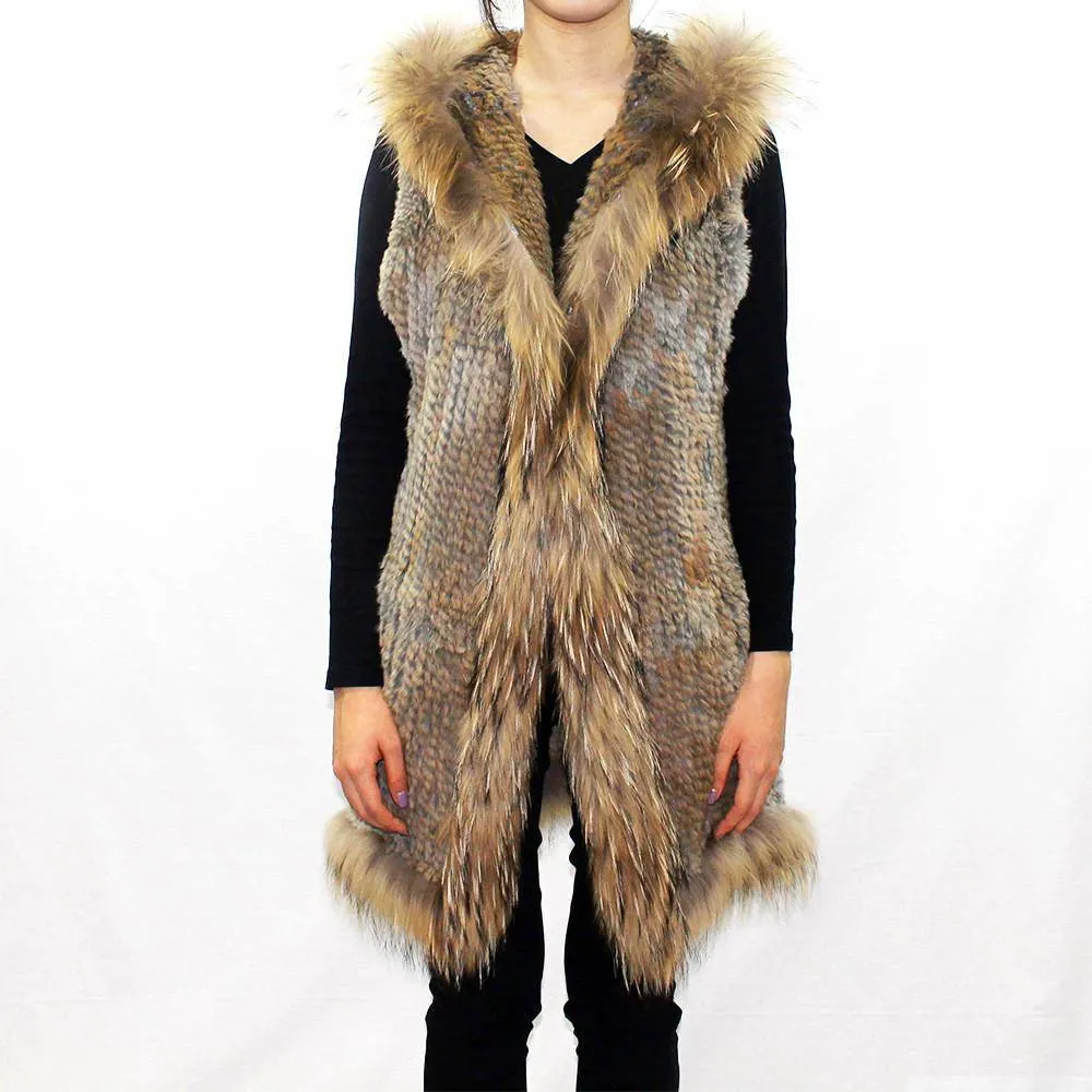 Natural Shirred Knitted Trimmed Fur Vest