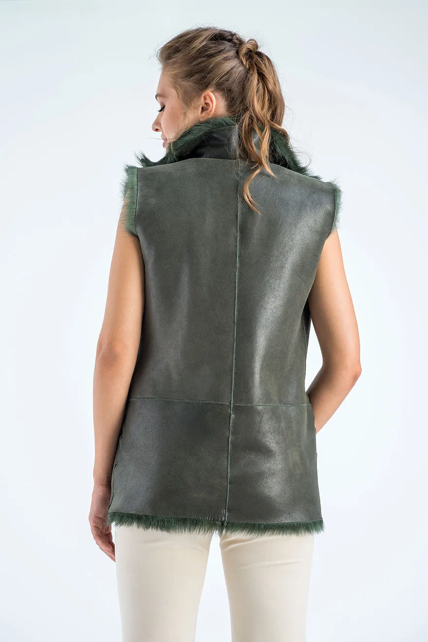 Olive Geniune Reversible Sheepskin Fur Vest