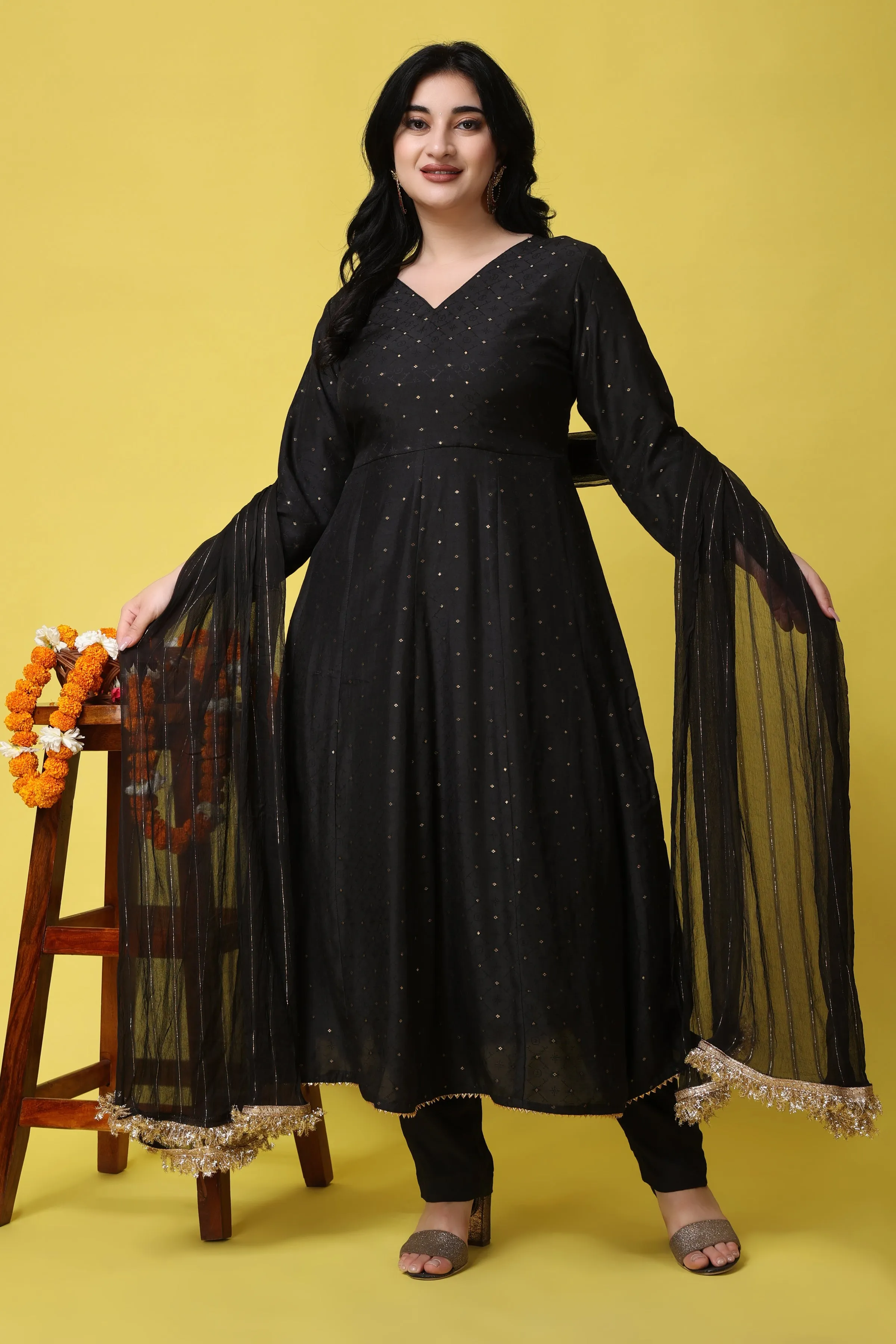 Opulent Noir Muslin Anarkali Set