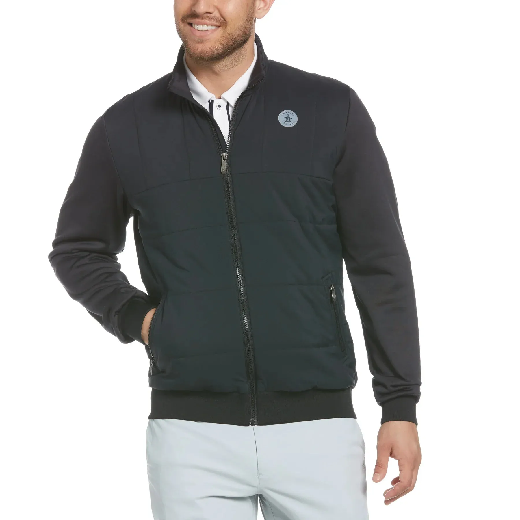 Original Penguin Mens Insulated Mixed Media Full Zip Golf Jacket - CAVIAR