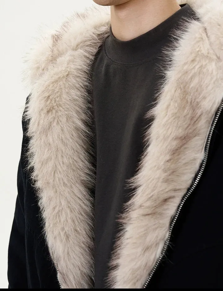 Oversized Faux Fur Collar Hooded Bomber Jacket