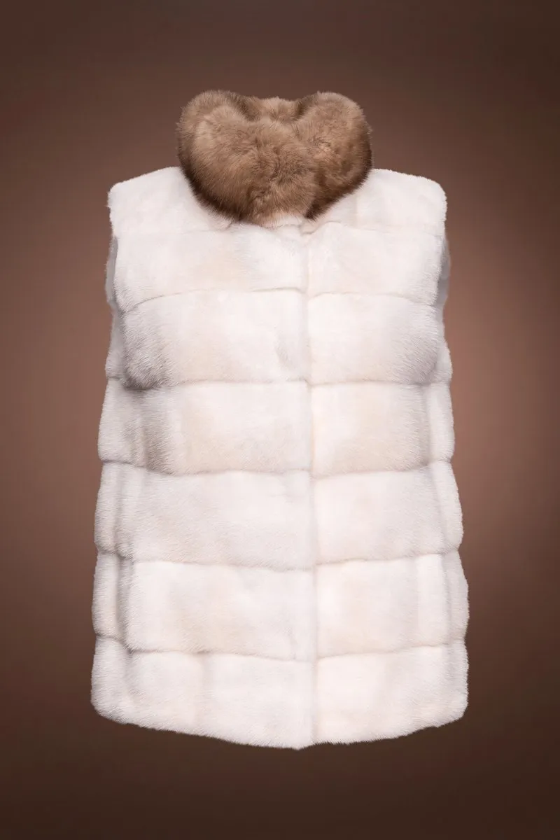 Pearl Cross Horizontal Mink Fur Vest - Sable Stand-Up Collar