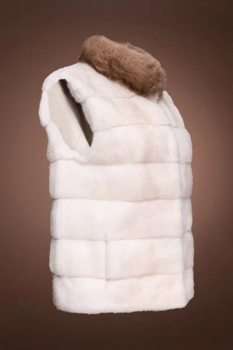 Pearl Cross Horizontal Mink Fur Vest - Sable Stand-Up Collar