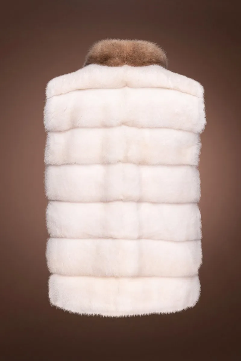 Pearl Cross Horizontal Mink Fur Vest - Sable Stand-Up Collar