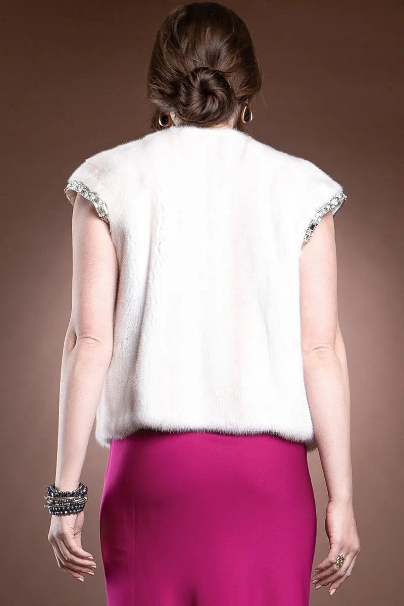 Pearl Mink Fur Vest with Crystal Cap Sleeves